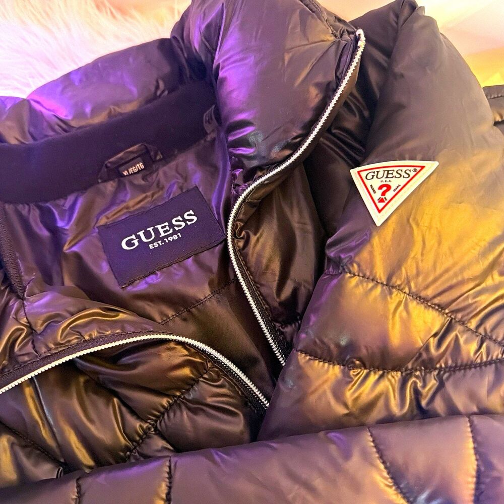 GUESS Women's Black Hooded Puffer Jacket Full Zip Logo Accent Size XL